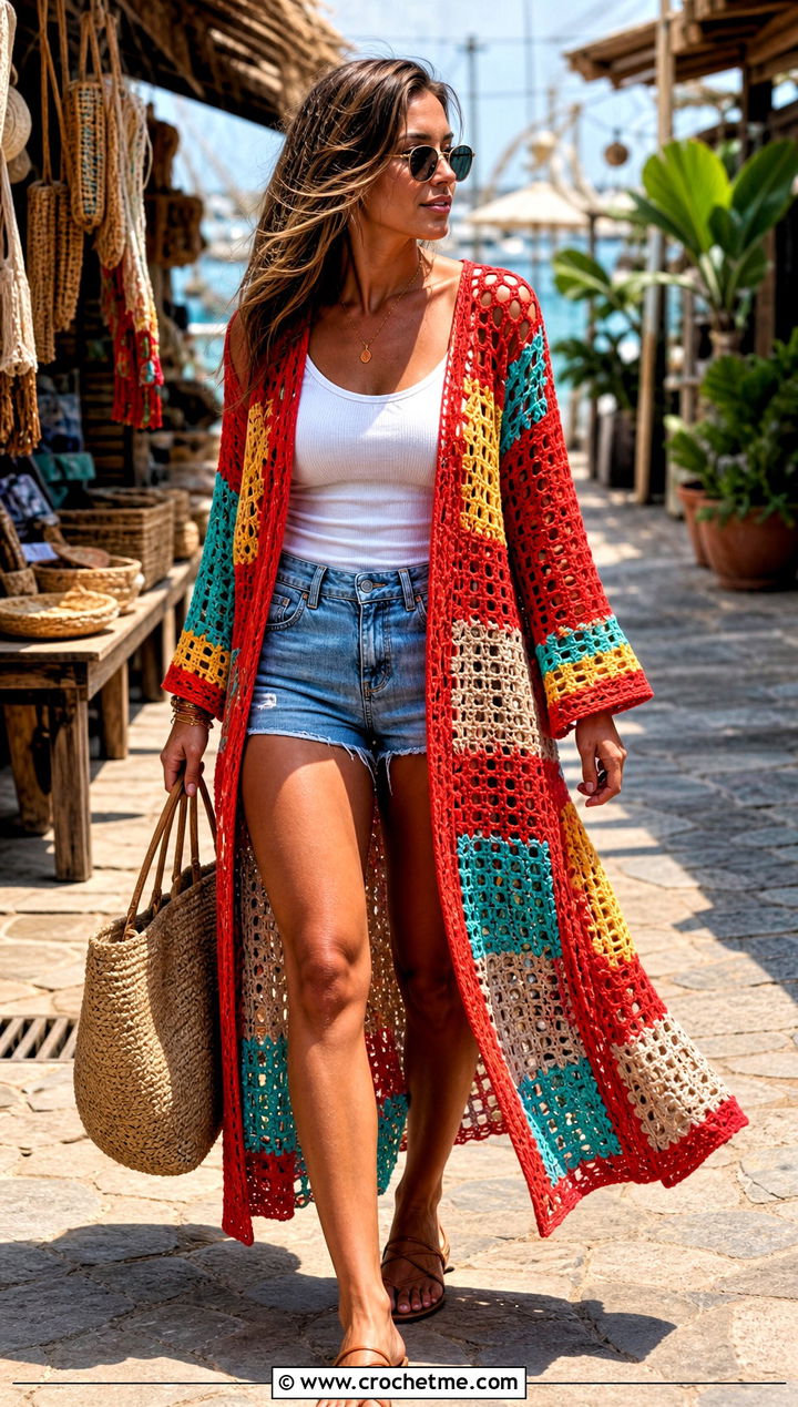 Duster Patchwork Crochet Cardigan With Denim Shorts - 15 harry styles patchwork crochet cardigan outfit ideas