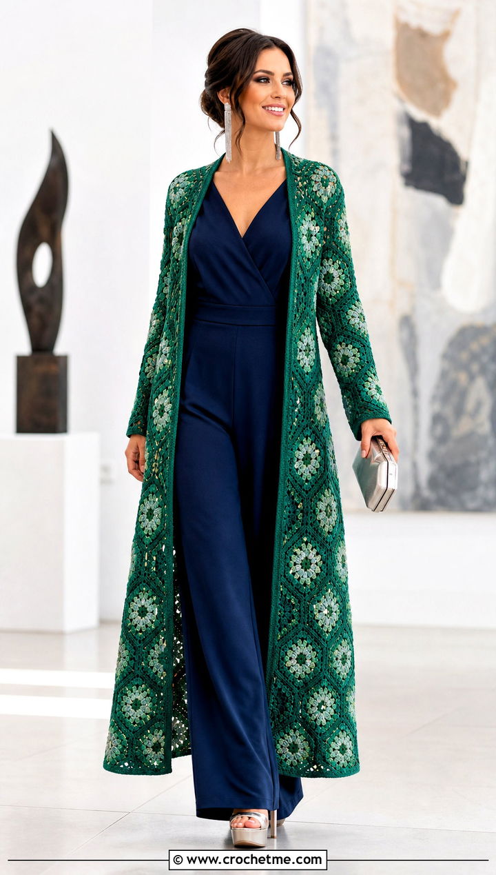 Duster Pentagon Granny Square Cardigan With Wide Leg Jumpsuit - 25 Pentagon Granny Square Cardigan outfit ideas