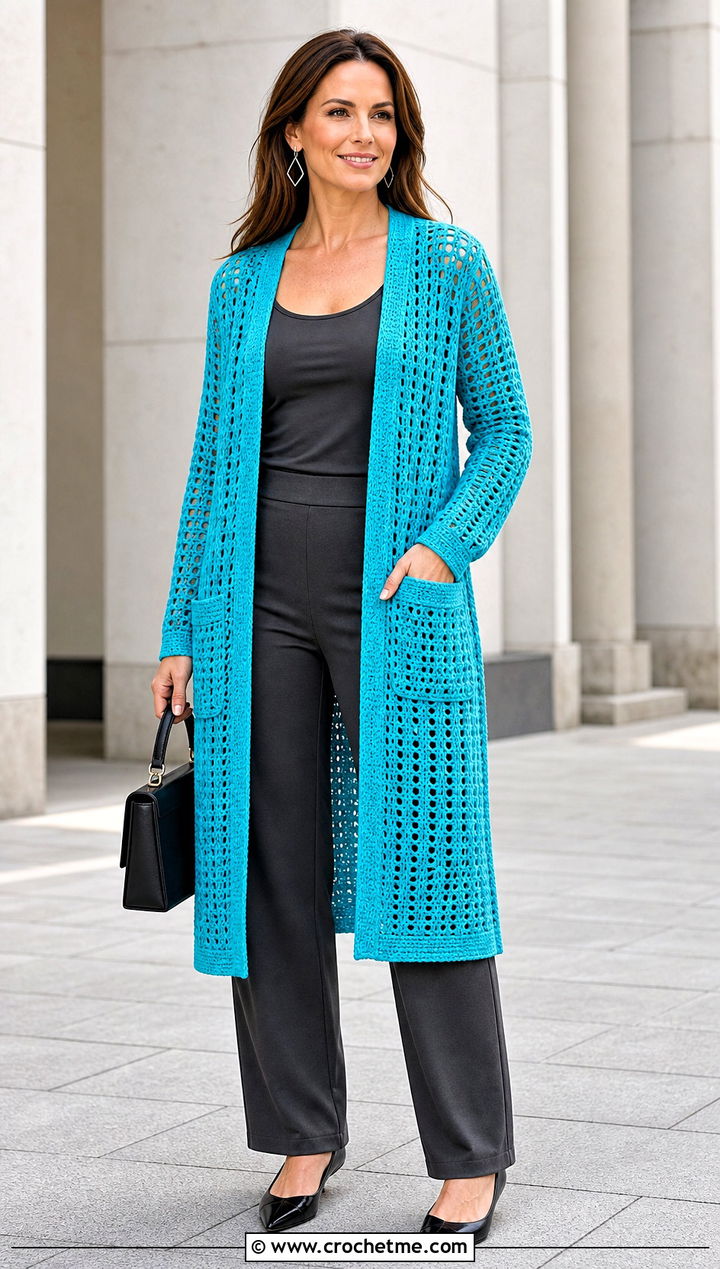 Duster Pocket Crochet Cardigan With Monochrome Basics - 25 crochet sweater with pockets outfit ideas
