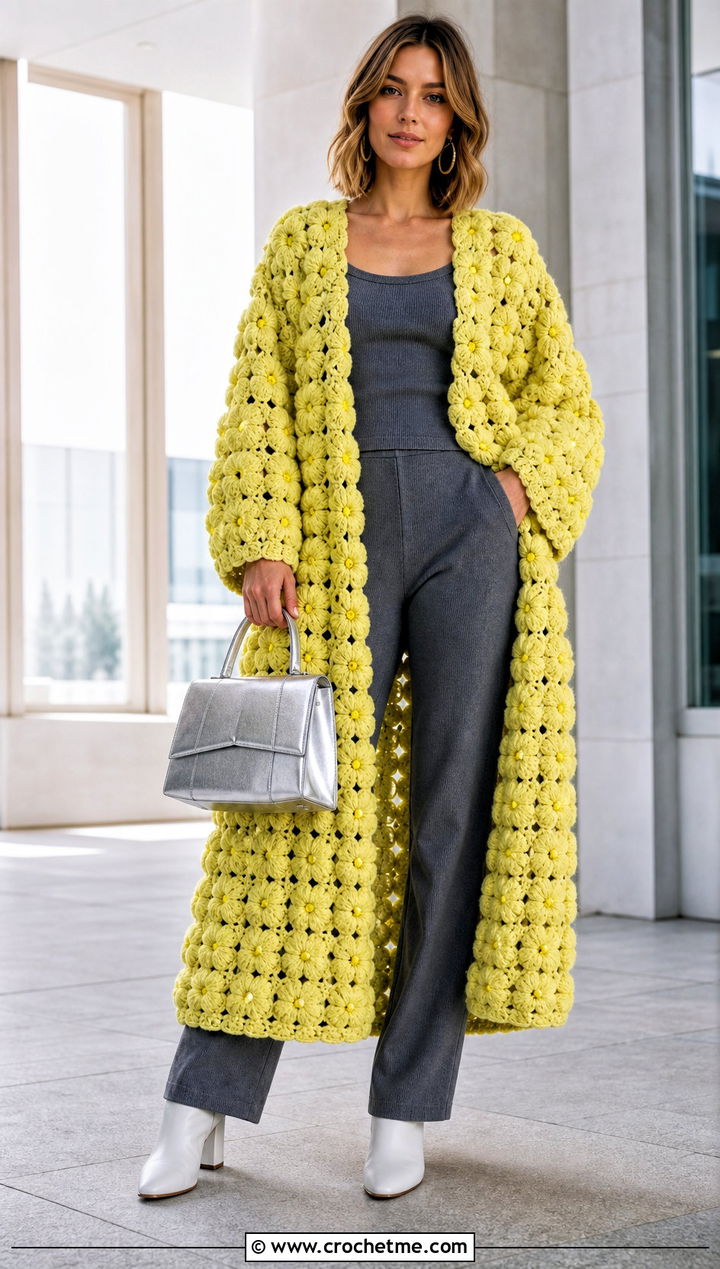 Duster Puff Flower Crochet Cardigan With Monochrome Knit Set - 25 puff flower crochet cardigan outfit ideas