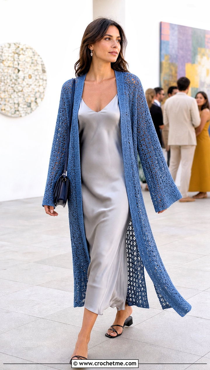 Duster Rectangle Crochet Cardigan With Slip Dress - 20 Crochet Cardigan From Rectangle outfit ideas