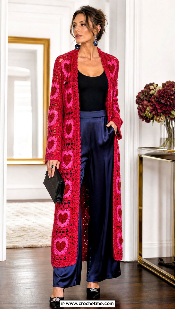 Duster Red Heart Granny Square Cardigan With Satin Pants - 15 red heart granny square cardigan outfit ideas