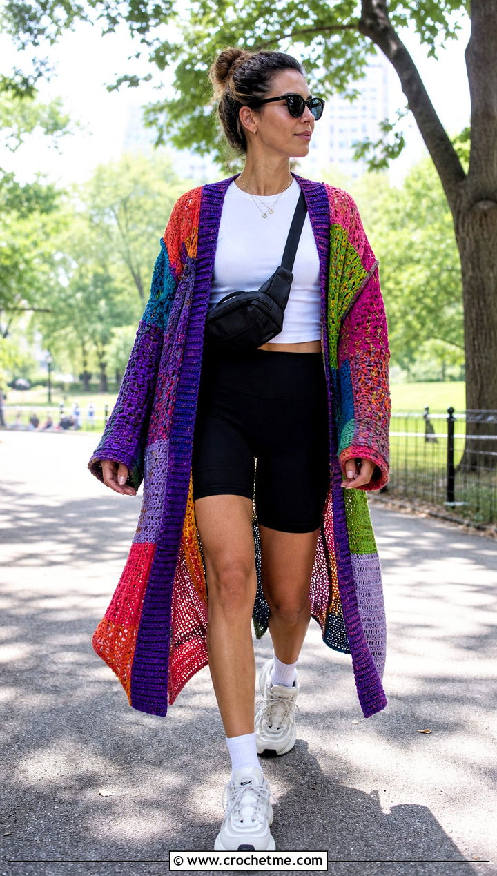 Duster Scrap Cardigan With T Shirt And Bike Shorts - 15 Crochet Scrap Cardigan outfit ideas