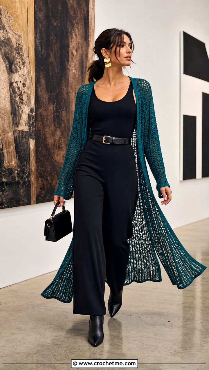 Duster Seamless Crochet Cardigan With Jumpsuit - 25 Crochet Seamless Cardigan outfit ideas