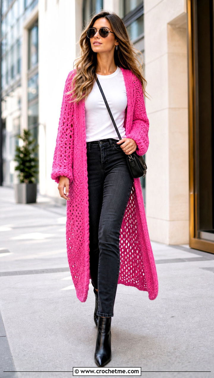 Duster Slouchy Crochet Cardigan With A T Shirt And Jeans - 25 Slouchy Crochet Cardigan outfit ideas