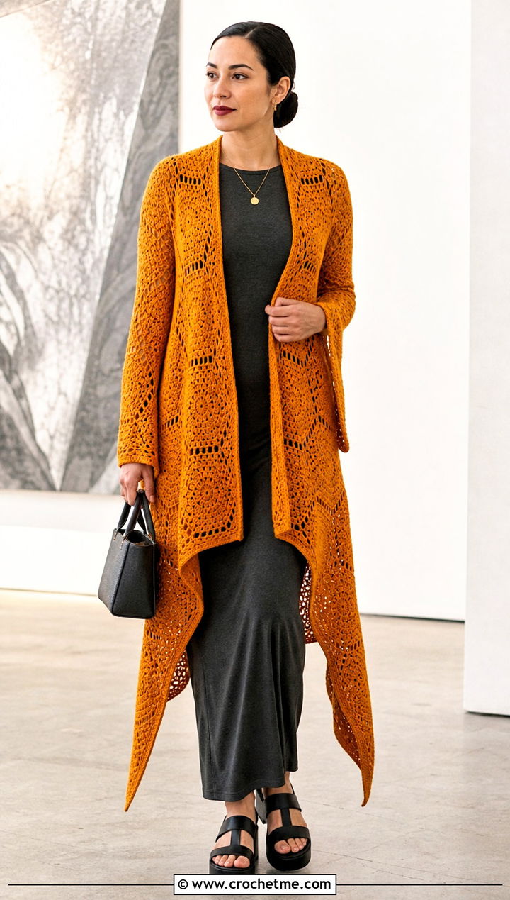 Duster Solid Hexagon Cardigan With Column Dress - 30 crochet solid hexagon cardigan outfit ideas