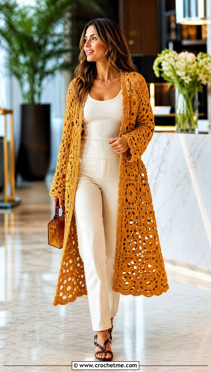 Duster Square Cardigan With Matching Tank And Pants - 30 crochet square cardigan outfit ideas