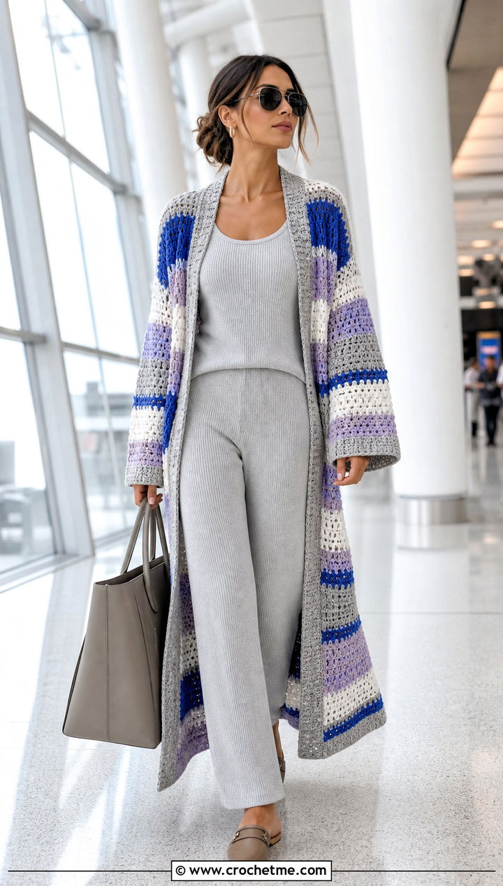 Duster Stripe Crochet Cardigan With Matching Knit Set - 25 striped crochet cardigan outfit ideas