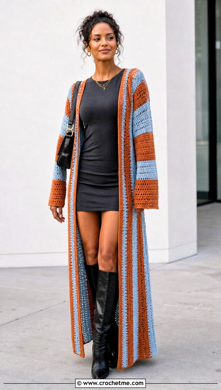 Duster Stripe Crochet Cardigan With Mini Dress - 35 crochet striped cardigan outfit ideas