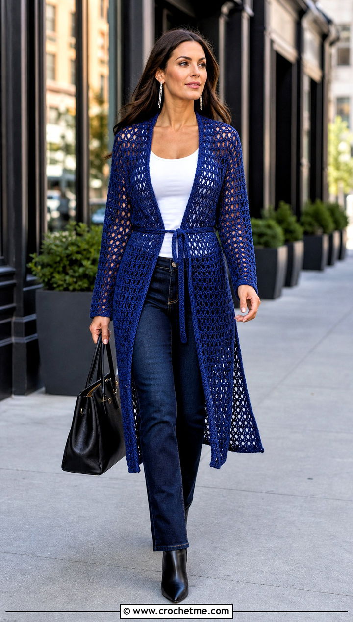 Duster Tie Crochet Cardigan With Tank And Jeans - 35 crochet tie cardigan outfit ideas