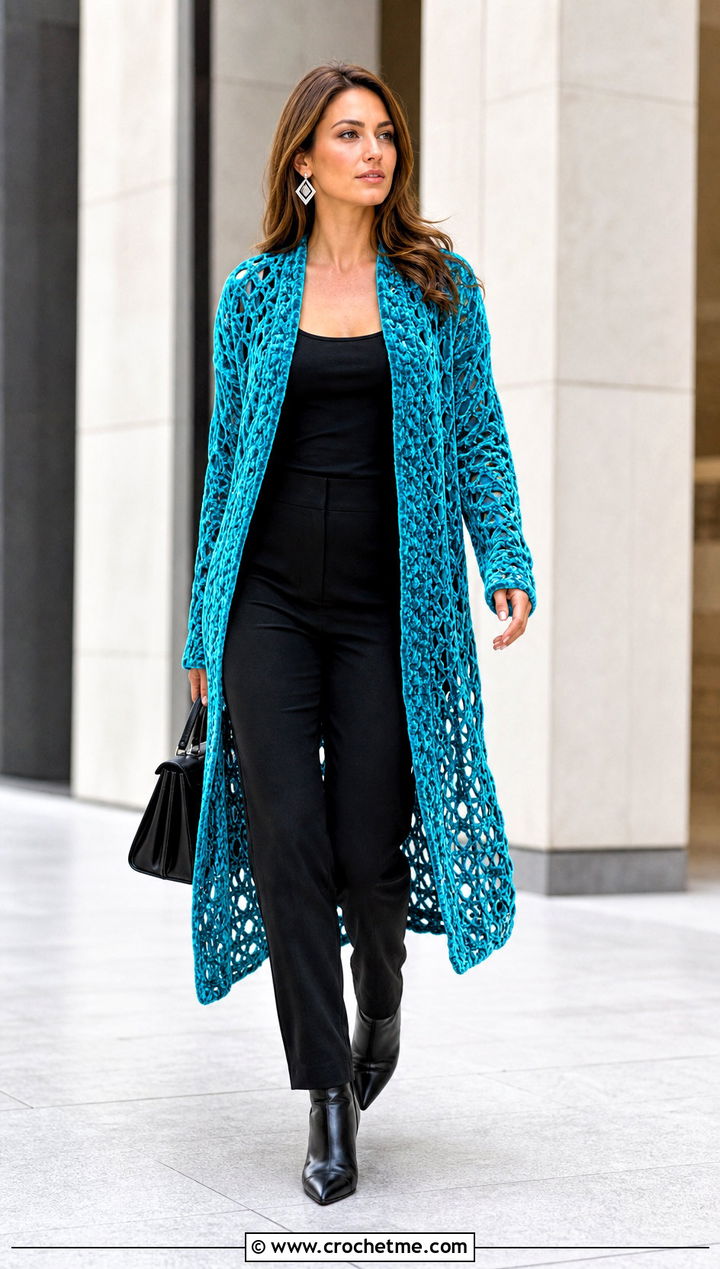 Duster Velvet Crochet Cardigan With Monochrome Separates - 15 velvet crochet cardigan outfit ideas