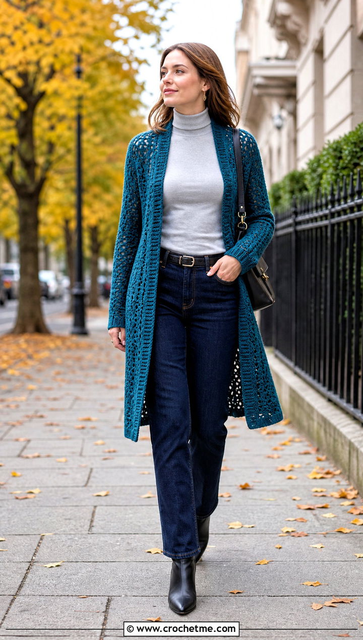 Duster Worsted Weight Crochet Cardigan With Turtleneck And Jeans - 25 Worsted Weight Crochet Cardigan outfit ideas