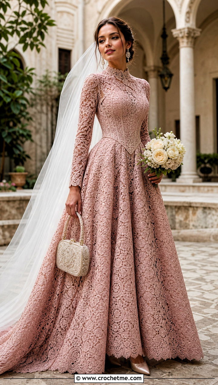 Dusty Rose Basque Waist Long Sleeve Crochet Wedding Dress With Satin Pumps - 15 long sleeve crochet wedding dress outfit ideas