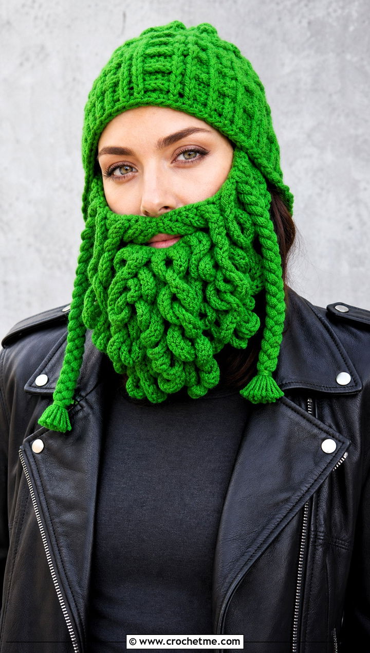 Dwarven Beard Crochet Beanie With Leather Jacket - 25 Beard Crochet Hat outfit ideas