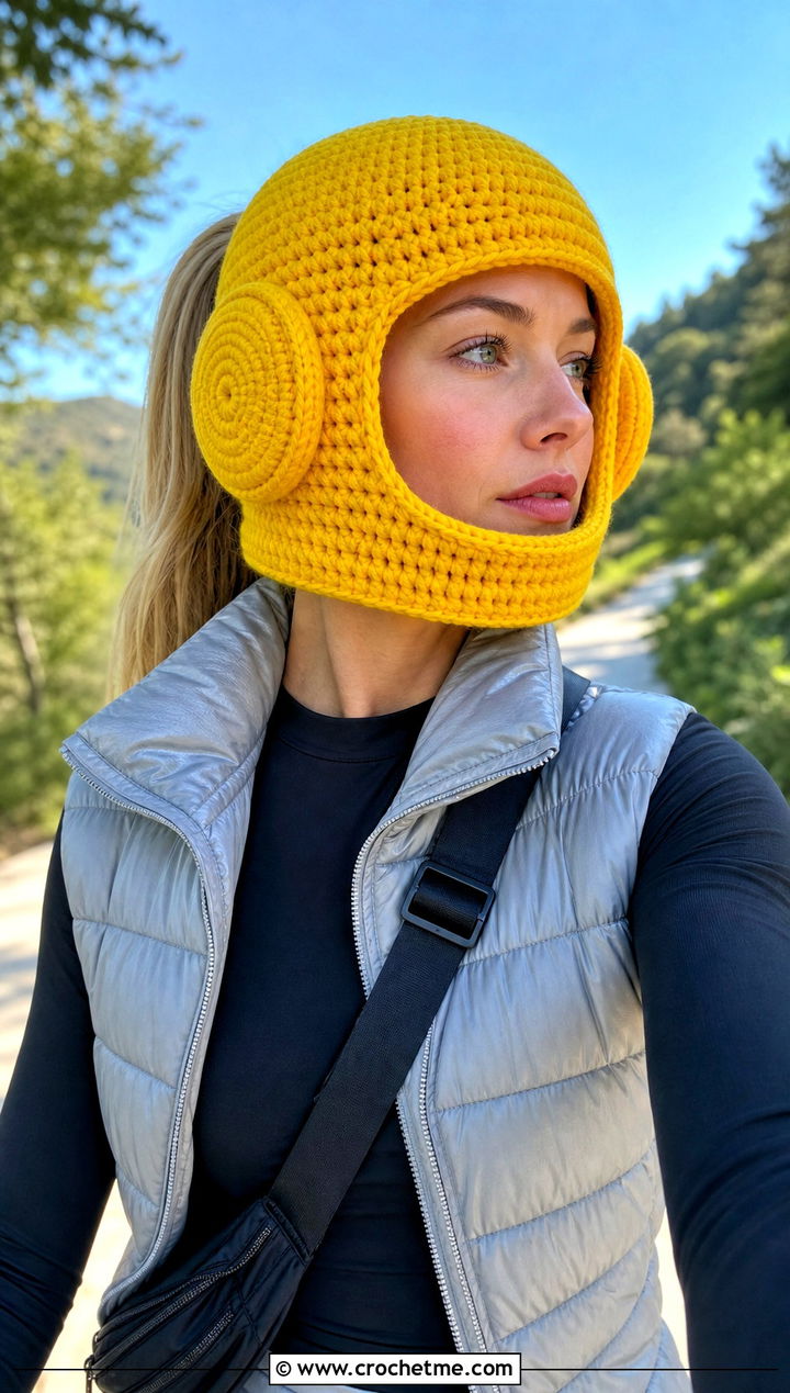 Ear Cover Crochet Astronaut Helmet With Puffer Vest And Leggings - 15 Crochet Astronaut Hat outfit ideas