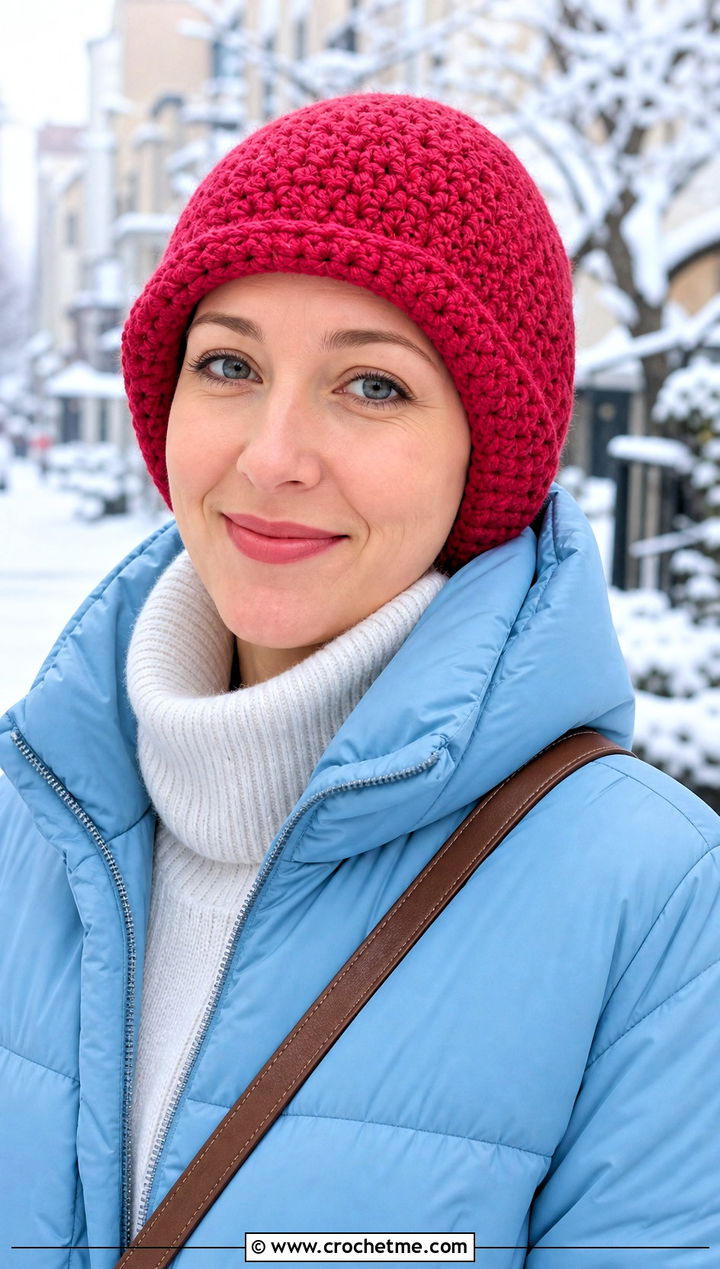 Ear Covering Crochet Chemo Beanie With Winter Coat - 20 Easy Crochet Chemo Hats outfit ideas