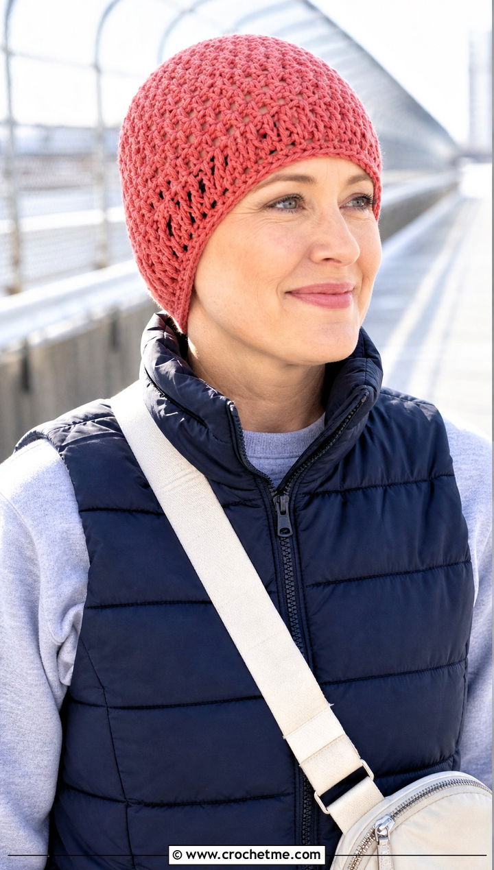 Ear Covering Crochet Chemo Watch Cap With Puffer Vest - 30 crochet chemo hat outfit ideas
