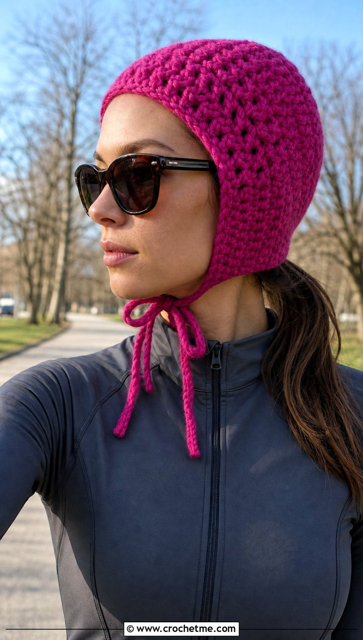 Ear Flap Crochet Bonnet With Athleisure Set - 25 Crochet Hair Bonnet outfit ideas