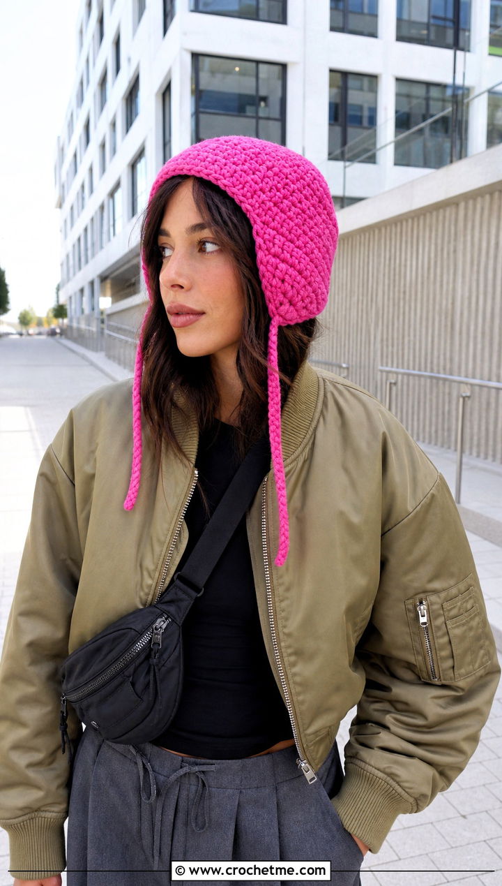 Ear Flap Crochet Bonnet With Bomber Jacket - 25 Easy Crochet Bonnet outfit ideas