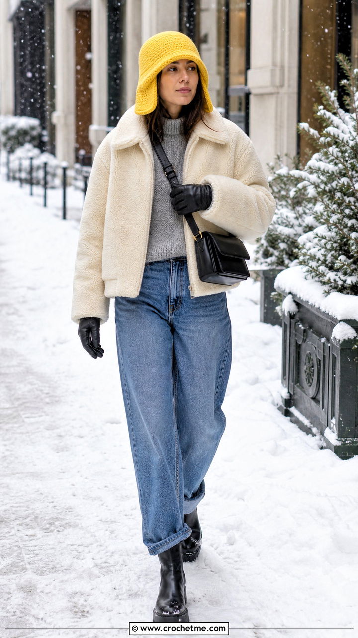 Ear Flap Crochet Bucket Hat With Shearling Jacket And Jeans - 35 crochet bucket hats outfit ideas