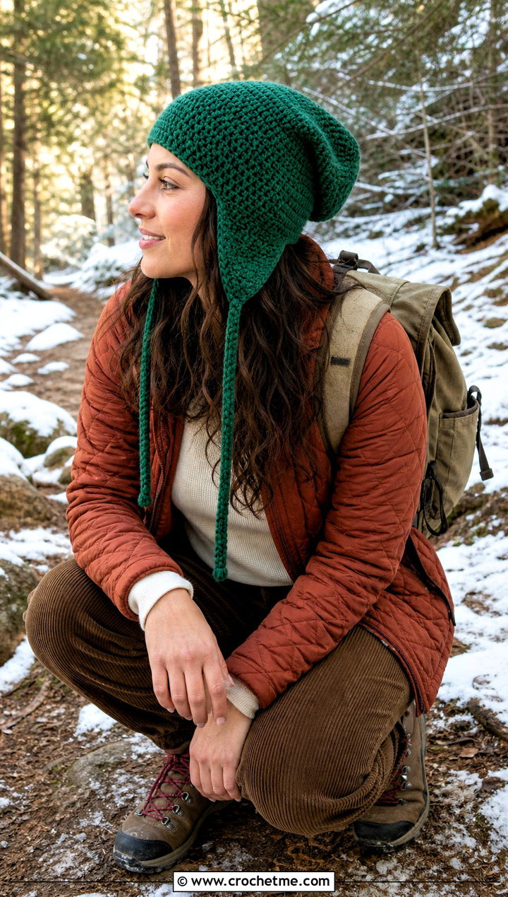 Ear Flap Crochet Slouch Beanie With Quilted Jacket - 35 crochet slouch beanie outfit ideas