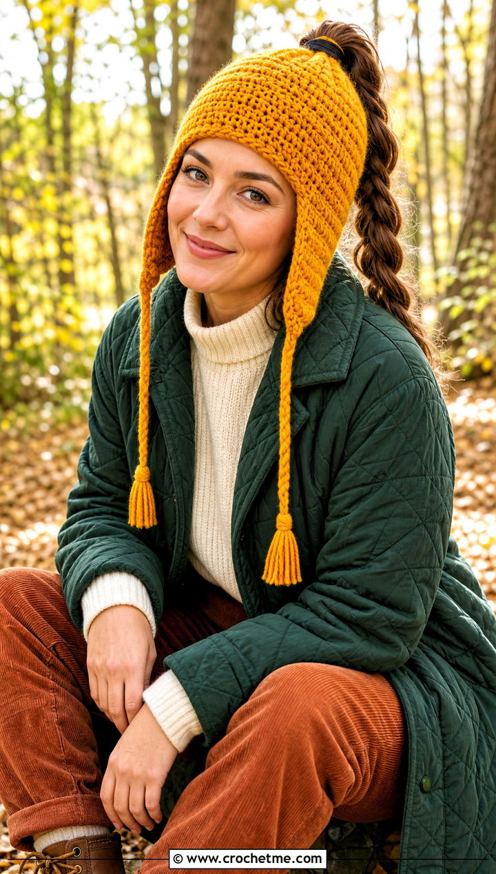 Ear Flap Ponytail Hat With Quilted Coat - 30 ponytail crochet hat outfit ideas