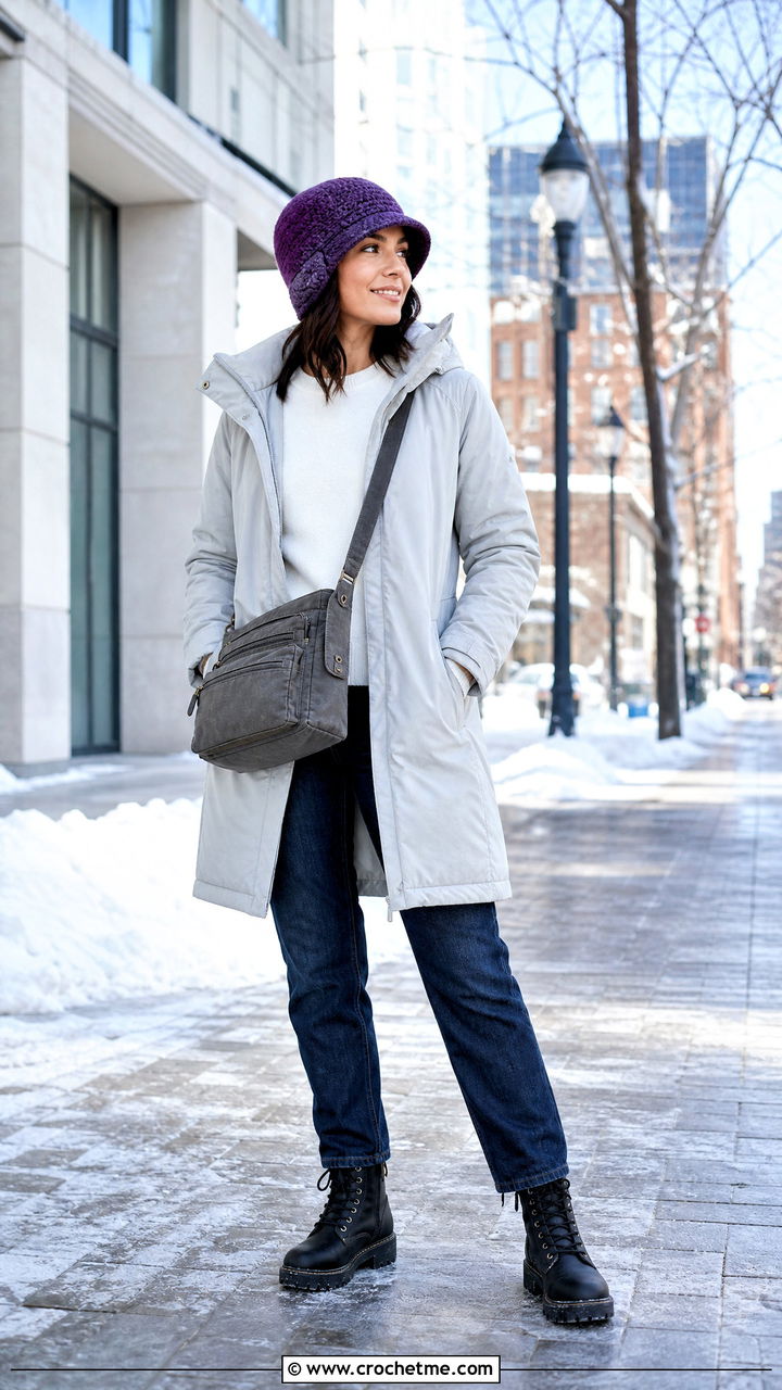 Ear Panel Crochet Cloche Hat With Parka And Straight Leg Jeans - 35 crochet cloche hat outfit ideas