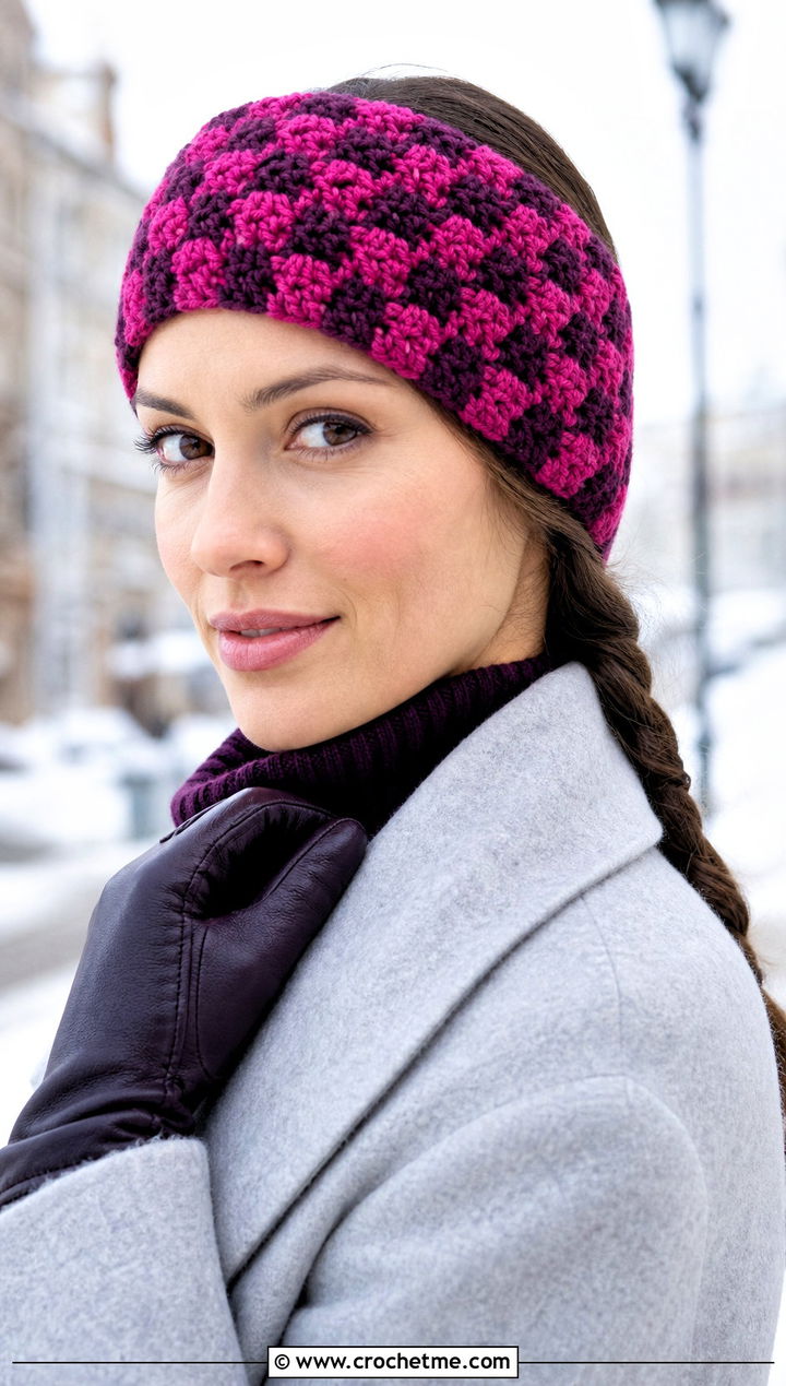 Ear Warmer Crochet Checkered Headband With Wool Coat And Boots - 25 crochet checkered headband outfit ideas