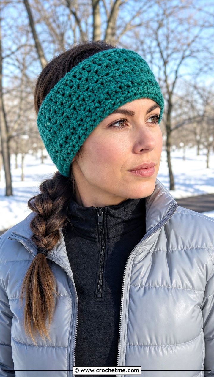 Ear Warmer Green Crochet Headband With Puffer Jacket And Leggings - 30 green crochet headband outfit ideas