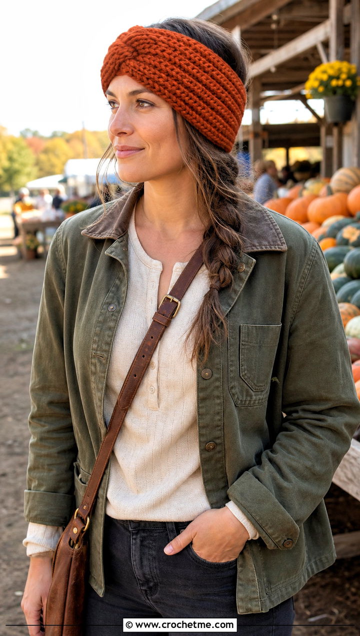 Ear Warmer Velvet Twist Crochet Headband With Barn Jacket And Utility Jeans - 20 Velvet Twist Crochet Headband outfit ideas
