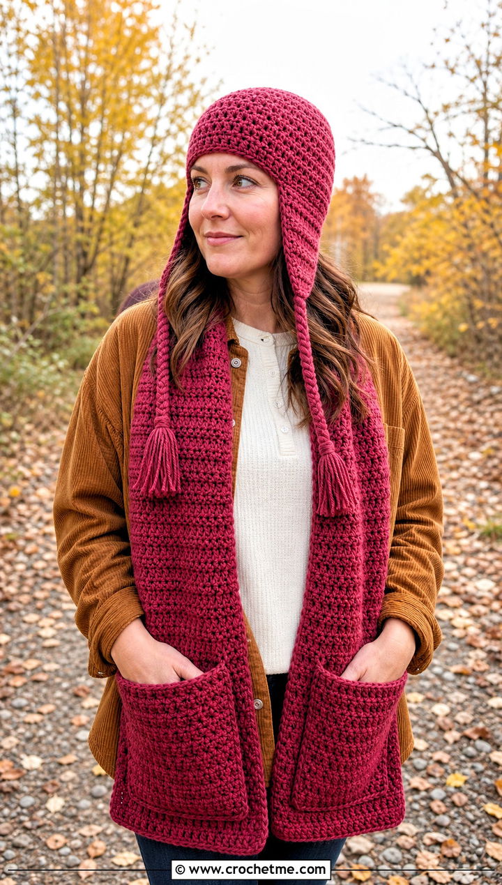 Earflap Beanie And Pocket Scarf Set With Corduroy Outfit - 25 Crochet Scarf And Hat Set outfit ideas