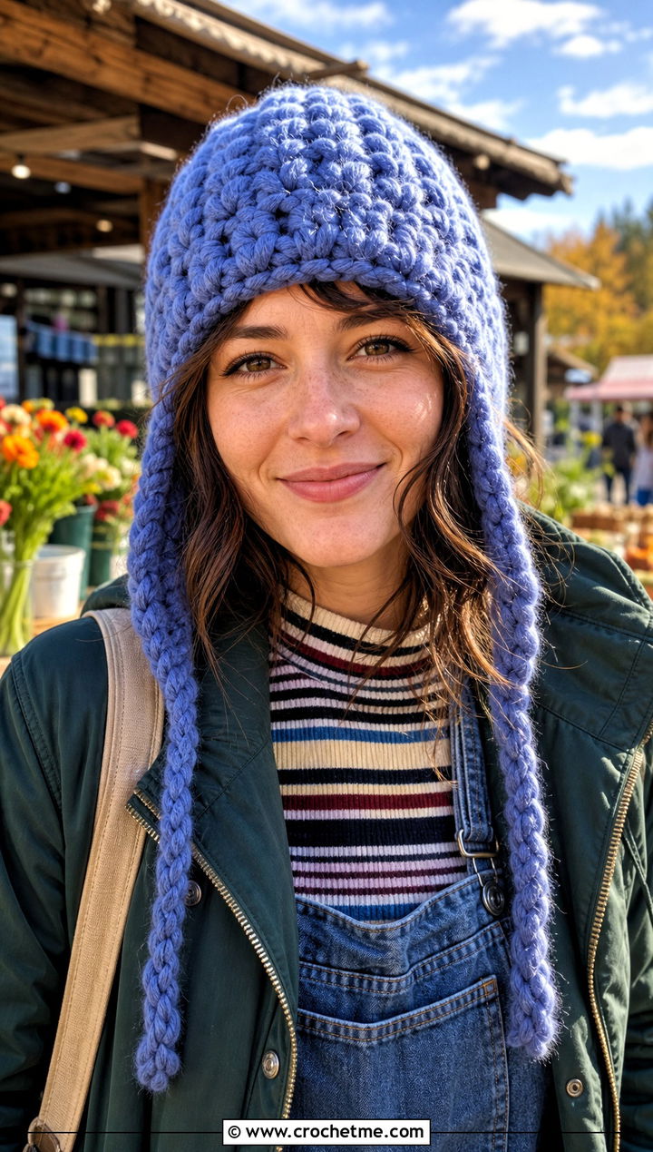 Earflap Beanie With Parka And Straight Leg Overalls - 15 Crochet Beanie With Super Bulky Yarn outfit ideas