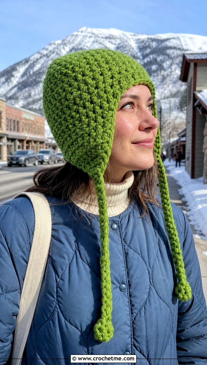 Earflap Blanket Yarn Crochet Beanie With Quilted Jacket - 15 blanket yarn crochet beanie outfit ideas
