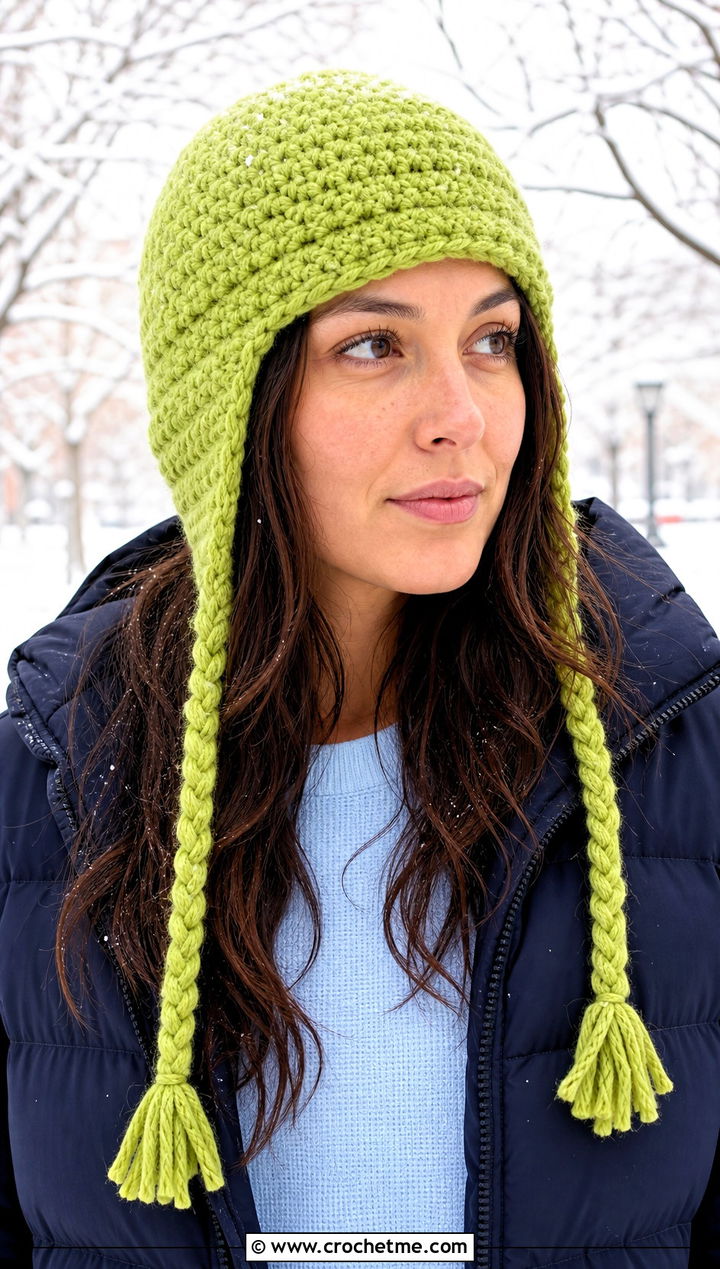 Earflap Braided Tie Crochet Beanie With Puffer Jacket - 15 Braided Crochet Beanie outfit ideas