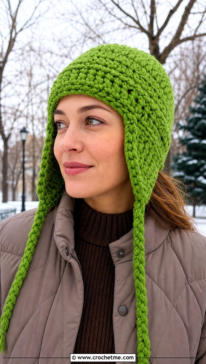Earflap Bulky Crochet Beanie With Quilted Jacket - 30 bulky crochet beanie outfit ideas