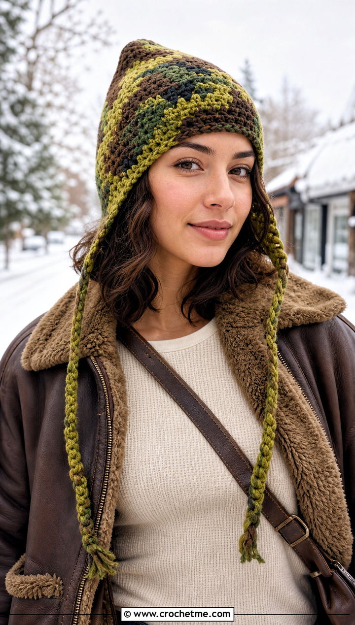 Earflap Camo Crochet Beanie With Shearling Jacket - 20 Camo Beanie Crochet Hat outfit ideas