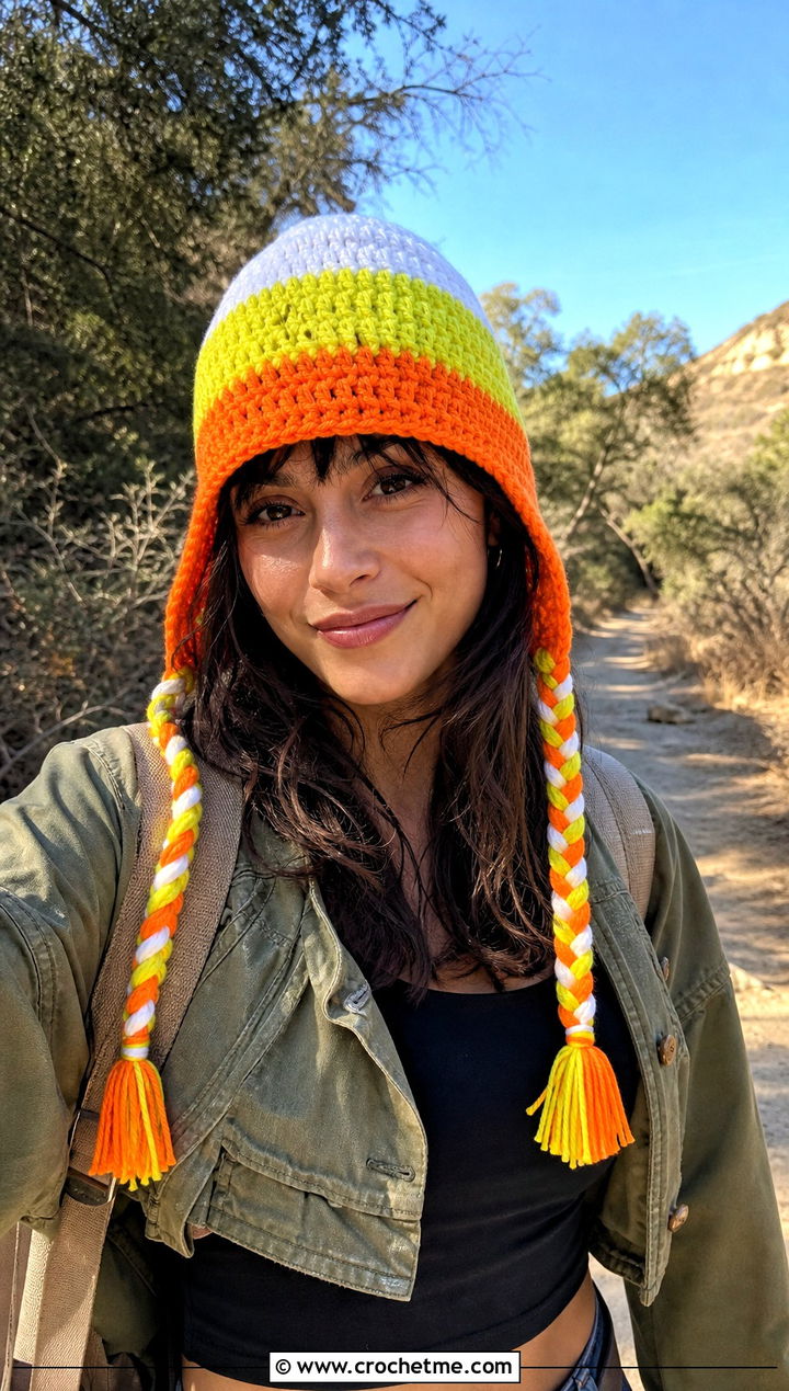 Earflap Candy Corn Crochet Beanie With Cargo Pants - 15 candy corn crochet beanie outfit ideas