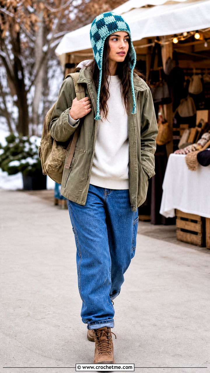 Earflap Checkered Beanie With Utility Jacket - 35 crochet checkered beanie outfit ideas
