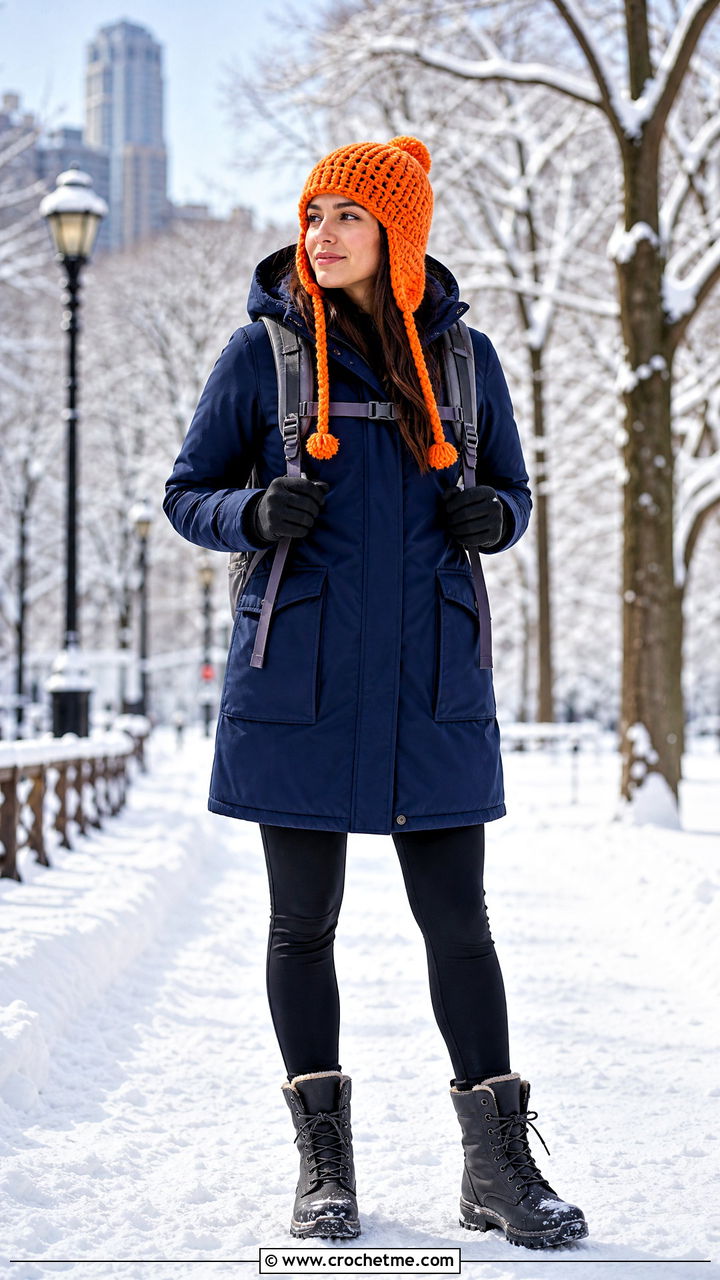 Earflap Chunky Crochet Beanie With Parka And Thermal Leggings - 35 chunky crochet beanie outfit ideas