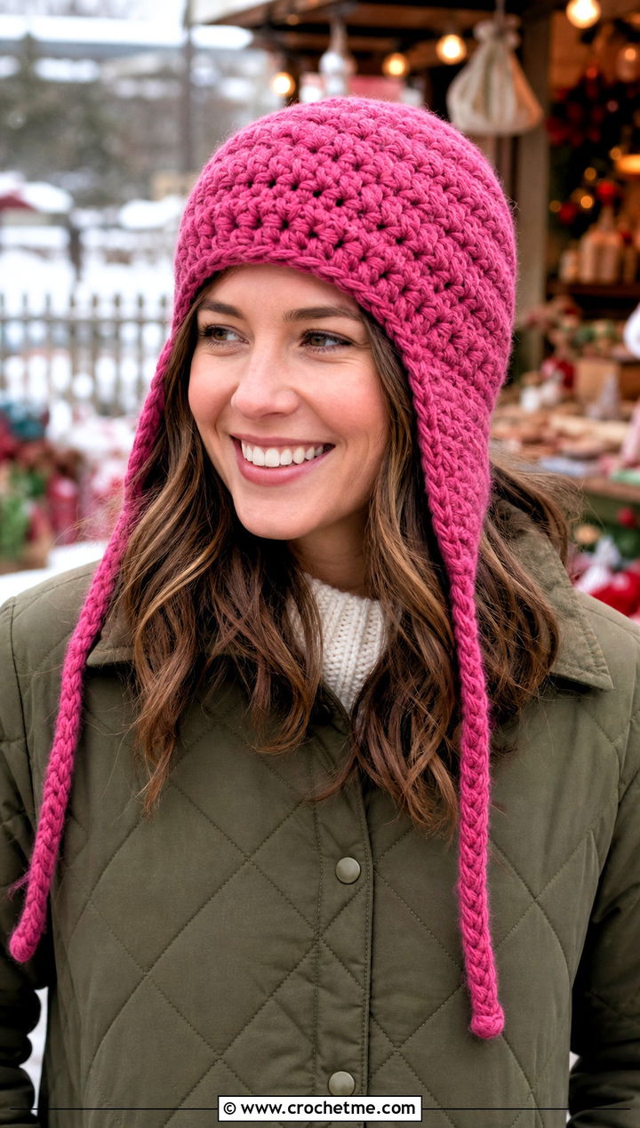 Earflap Chunky Crochet Hat With Quilted Coat - 15 Simple Chunky Crochet Hat outfit ideas