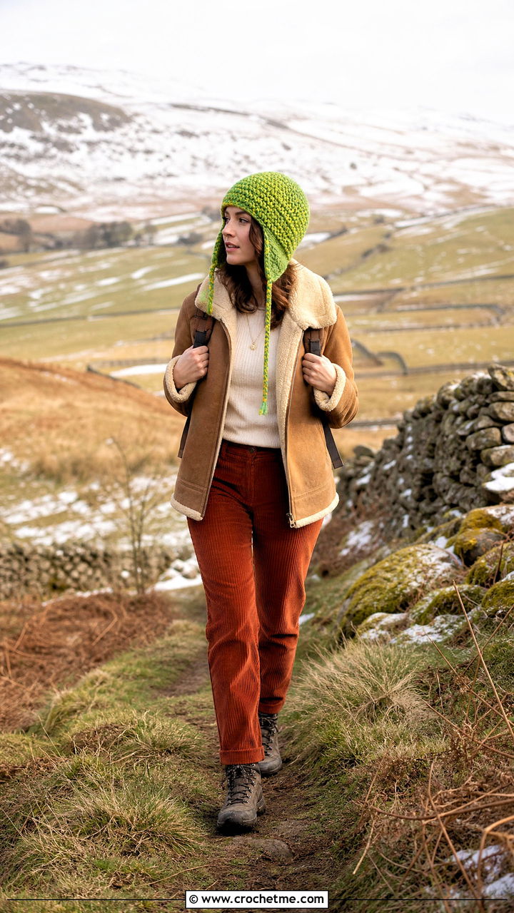 Earflap Chunky Crochet Hat With Shearling Jacket And Corduroy Pants - 35 chunky crochet hat outfit ideas
