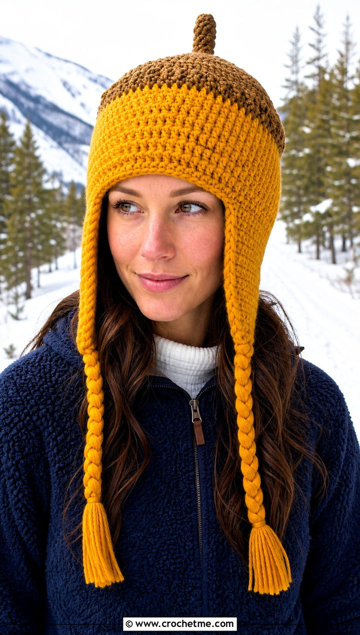 Earflap Crochet Acorn Hat With Fleece Jacket - 30 crochet acorn hat outfit ideas