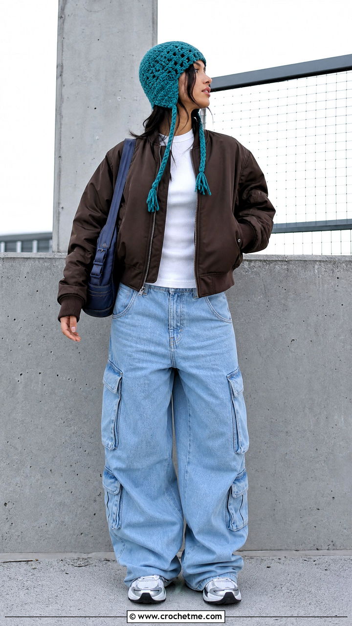 Earflap Crochet Beanie With Cargo Jeans - 35 easy crochet beanie outfit ideas