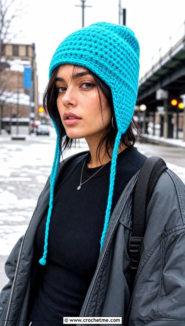 Earflap Crochet Beanie With Cargo Pants - 15 large crochet beanie outfit ideas