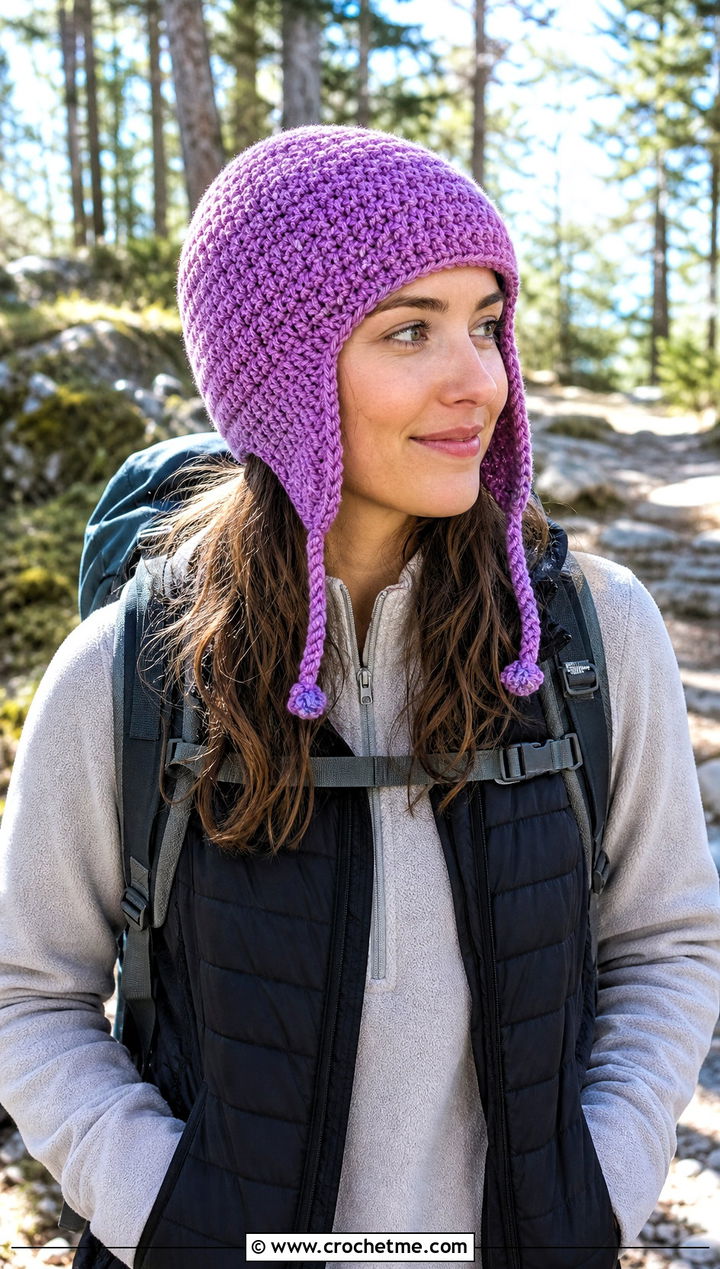 Earflap Crochet Beanie With Fleece And Leggings - 30 knit look crochet beanie outfit ideas