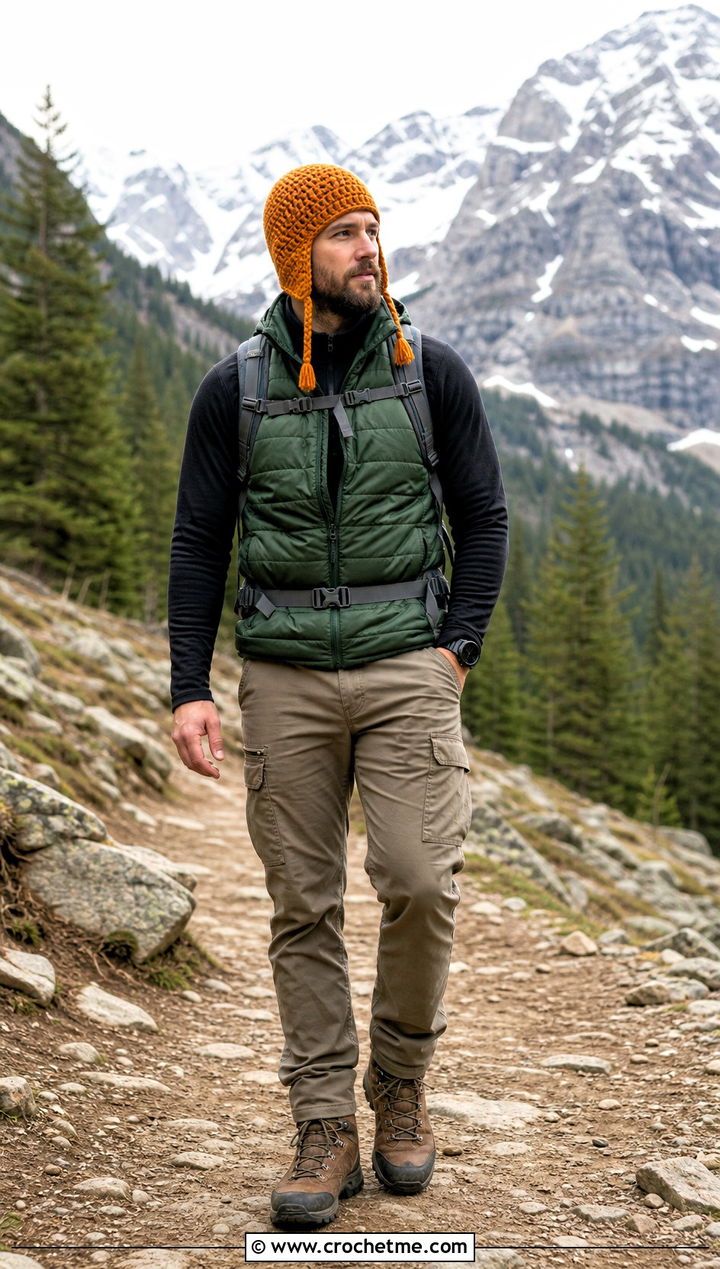 Earflap Crochet Beanie With Hiking Outfit - 35 Men Crochet Beanie outfit ideas
