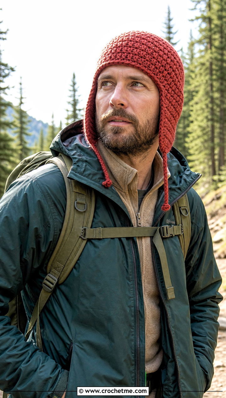 Earflap Crochet Beanie With Hiking Outfit - 15 men's crochet beanies outfit ideas