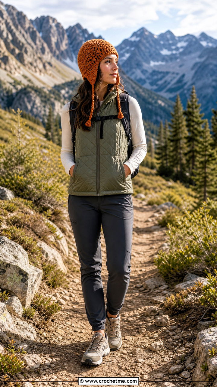 Earflap Crochet Beanie With Hiking Pants - 35 aesthetic crochet beanie outfit ideas