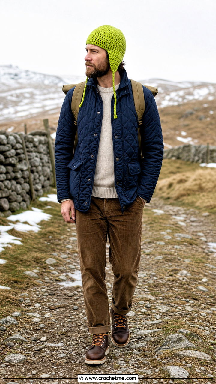 Earflap Crochet Beanie With Quilted Jacket - 35 men's crochet beanie outfit ideas