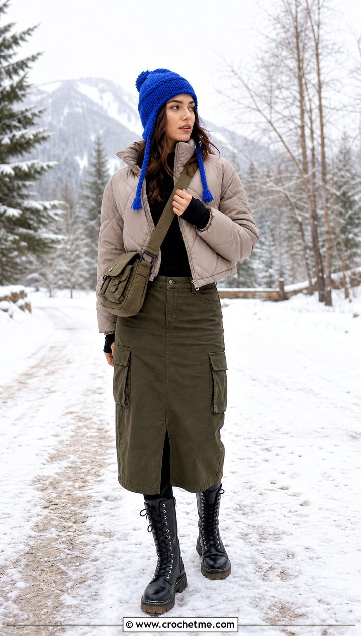 Earflap Crochet Beanie With Quilted Jacket And Cargo Skirt - 35 crocheted beanies outfit ideas
